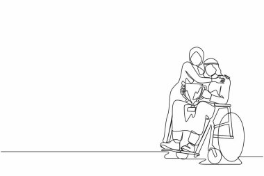 Tekerlekli sandalyedeki engelli bir adamı başarılarından ve zaferinden duyduğu hazzı karısıyla paylaşan kupayla sürekli bir çizgi halinde çiziyor. Engelli insanlar sporda başarılıdır. Tek çizgi tasarım vektörü