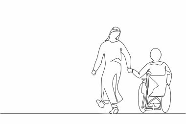 Tekerlekli sandalyedeki sevgili engelli karısıyla tek sıra halinde geri çekilen Arap adam gezintiye çıkıyor. Fiziksel engelli bir kadın ve kocası dışarıda. Bir çizgi grafik tasarım vektörü