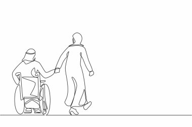 Tekerlekli sandalyedeki sevgili engelli kocasıyla birlikte tek sıra halinde geri çekilen Arap kadın gezintiye çıkıyor. Fiziksel engelli bir adam ve karısı dışarıda. Bir çizgi grafik tasarım vektörü