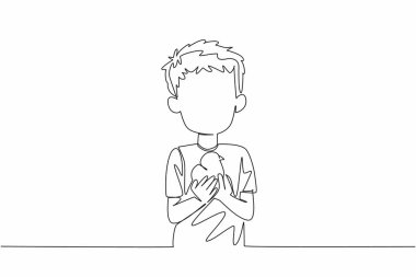 Tek sıra halinde çizen çocuk iki eliyle civcivi tutuyor. Yumurtadan yeni çıkmış yavrular. Büyük bir özenle taşınmış. Korunma. Tavuklara Uluslararası Saygı Günü. Bir çizgi tasarımı vektör illüstrasyonu