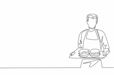 Sarı önlüklü bir erkek garson çiziyor. İki elinde de bir tepsi hamburger var. Emirler masaya teslim edilecek. Okul Öğle Yemeği Kahramanları Günü. Tek çizgi çizimi tasarım vektör çizimi