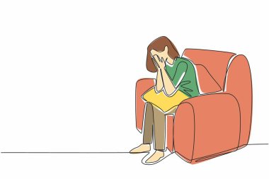 Tek sıra halinde tek sıra halinde tek sıra halinde oturan kadın iki avuç içi ile yüzünü kapatıyor. Kötü muamele görüyorlar. Stres yüzünden. Ulusal Endişe Gösterim Günü. Tek çizgi çizimi tasarım vektör çizimi