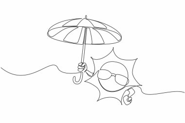 Güneş gözlüğü takıp büyük şemsiye tutan tek sıra. Sahile tatile çık, saklanmaya devam et. Küresel ısınma Uluslararası Güneş Günü. Bir çizgi tasarımı vektör illüstrasyonu