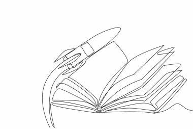 Açık, kalın bir kitabın ortasında uçan bir roket çiziyor. Evren ve içindekiler hakkında bilgi. - Bilim. Ulusal Uzay Günü. Bir çizgi tasarımı vektör illüstrasyonu