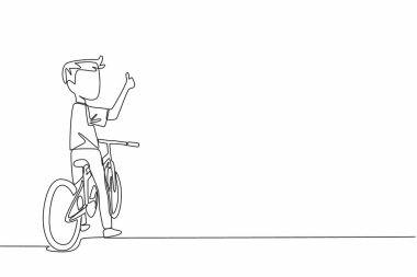 Tek çizgi çizen, bisikletli çocuk, arkasını dönüp arkasına bakıyor. Bilgiyi sağlıklı bir şekilde takip et. Motorcu. Ulusal Okul Bisiklet Günü. Devamlı çizgi tasarımı grafik çizimi