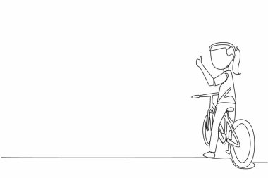 Tek bir çizgi, bisikletli küçük kızı baş parmaklarıyla geriye bakarak çiziyor. Bilgi ve sağlık kazan. Motorcu. Ulusal Okul Bisiklet Günü. Devamlı çizgi tasarımı grafik çizimi