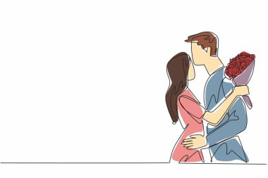 Karısının elinde bir buket çiçek tutarken kocanın karısının alnını öptüğü tek sıra. Eş için en derin sevgi. Romantizm. Çiftler Günü. Bir çizgi tasarımı vektör illüstrasyonu