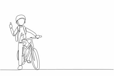 Bir çocuğun sürekli çizdiği tek çizgi tek eliyle bisiklete binmesi jesti işaret eder. Güne her zaman coşkuyla başla. Ulusal Okul Bisiklet Günü. Bir çizgi tasarımı vektör illüstrasyonu