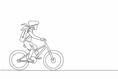 Çanta taşırken ve kask takarken bisiklet süren bir çocuğu çizmeye devam et. Önce güvenlik. Sabah ruhu. Ulusal Okul Bisiklet Günü. Tek çizgi çizimi tasarım vektör çizimi