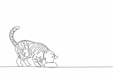 Kedi maması kasesinden yemek yiyen tekir kediyi çizmeye devam et. Besin dolu yiyecekler yiyorlar. Güzel düz saçlar. Yumuşacık. Ulusal Tekir Günü. Tek çizgi çizimi tasarım vektör çizimi