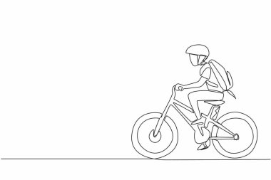 Tek bir çizgi, çanta taşırken ve kask takarken bisiklete binen bir çocuk çiziyor. Önce pedala basmak zor. Motorcu. Ulusal Okul Bisiklet Günü. Devamlı çizgi tasarımı grafik çizimi