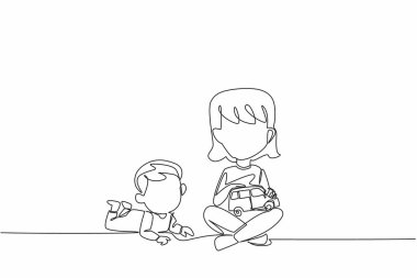 Tek sıra halinde, ablasını bacak bacak üstüne atmış bir şekilde yerde oturuyor. Korumak. Oynayın. Birliktelik. Ulusal Kardeşler Günü 'nde. Bir çizgi tasarımı vektör illüstrasyonu