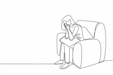 Tek sıra halinde tek sıra halinde tek sıra halinde oturan kadın iki avuç içi ile yüzünü kapatıyor. Kötü muamele görüyorlar. Stres yüzünden. Ulusal Endişe Gösterim Günü. Tek çizgi çizimi tasarım vektör çizimi