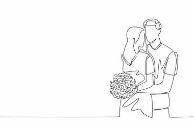 Sürekli tek sıra halinde karı ve kocayı arkadan kucaklarken ve elinde bir buket çiçek tutarken. Basit ama çok anlamlı. Çiftler Günü. Tek çizgi çizimi tasarım vektör çizimi