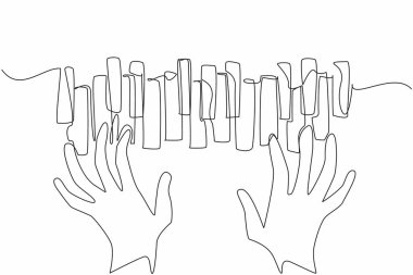 Düzensiz bir şekilde düzenlenmiş piyano tuşlarına sürekli tek bir çizgi çekiliyor. Klasik müzik severler için reklam gereksinimleri. Uluslararası Caz Günü. Bir çizgi tasarımı vektör illüstrasyonu