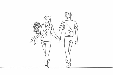 Tek sıra halinde yürüyen bir çift ve bir buket çiçek taşıyan bir eş. Birlikte mutluluğa doğru. Sevgi. Çiftler Günü. Devamlı çizgi tasarımı grafik çizimi
