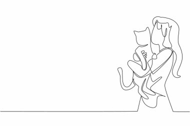 Tek sıra halinde bir kadını kucaklıyor ve bir kediyi öpüyor. Gerçekten seven tek evcil hayvan. Her zaman akşamları ve hafta sonları birlikte yürürler. Ulusal Hayvan Aileleri Günü. Bir çizgi tasarımı vektör illüstrasyonu