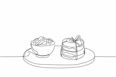 Yuvarlak bir tahta kesme tahtasına dizilmiş ve bağlanmış yulaf ezmeli kurabiyeler çizen tek sıra. Önce bir kasede ye. Lezzetli. Ulusal Yulaflı Kurabiye Günü. Bir çizgi tasarımı vektör illüstrasyonu