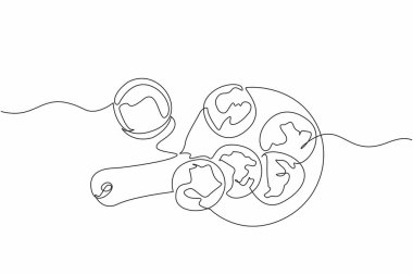 Yuvarlak ahşap kesme tahtasına bir bardak sütle yulaf ezmeli kurabiye çizmeye devam et. Günle yüzleşmeye hazır. Kalsiyum. Ulusal Yulaflı Kurabiye Günü. Tek çizgi çizimi tasarım vektör çizimi