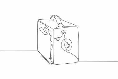 Tek sıra halinde iğne deliği kamerası. Gerçek deriden yapılmış bir kayışla. Klasik ve zarif bir izlenim bırakıyor. Eski model. İğne Deliği Fotoğraf Günü. Bir çizgi tasarımı vektör illüstrasyonu