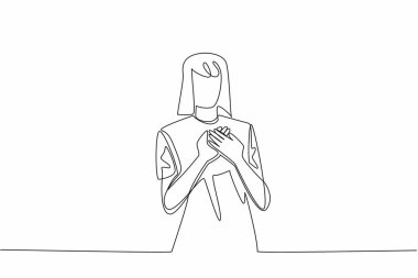 Tek sıra halinde sol göğsünde çapraz avuçlarla poz veren bir kadın. Beden diliyle şükranlarını ifade ediyorlar. Mütevazı tavır. Ulusal Dürüstlük Günü. Bir çizgi tasarımı vektör illüstrasyonu