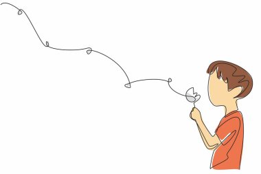 Devamlı çizen çocuk bir karahindiba tutuyor ve üzerine üfleyerek pulların uçmasını sağlıyor. Dua et ve umutlarını gökyüzüne uçur. Rüya gör. Dünya Dilek Günü. Tek çizgi çizimi tasarım vektör çizimi