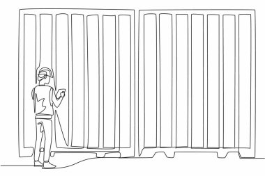 Tek sıra halinde, kask takan ve elinde dosya tutan bir adam çiziyor. İlk ya da son teftiş. Mallar alınacak ya da gönderilecek. Ulusal Malzeme Zinciri Günü. Bir çizgi tasarımı vektör illüstrasyonu