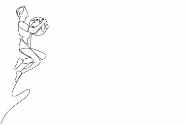 Tek sıra halinde sıradan giysiler içinde bir adam elinde bir küre tutarken zıplıyor. Büyüleyici cazibeler. Toplulukları birbirine bağlamak. Dünya 'ya atlayacağız. Tek çizgi çizimi tasarım vektör çizimi