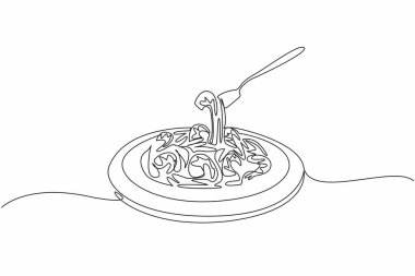 Çatal çizen tek çizgi karides karidesi toplar. Az önce servis edilen sıcak yemeğin tadına bakmak istiyorum. Çok lezzetli. Lezzetli. Ulusal Karides Scampi Günü. Devamlı çizgi tasarımı grafik çizimi