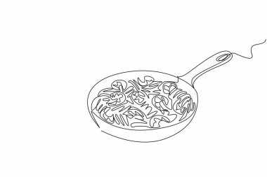 Tek sıra halinde karides karidesi tava kullanarak servis edilir. Pişirilmiş, süslenmiş ve tek bir yerde servis edilmiş. Lezzetli yüksek proteinli bir yemek. Ulusal Karides Scampi Günü. Bir çizgi tasarımı vektör illüstrasyonu