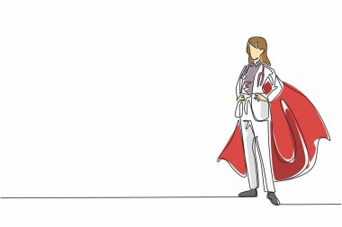 Tek sıra halinde kadın doktor bornoz ve kanat takarak ayakta duruyor. Her zaman çalışıyor gibi görünen profesyonel işçiler. Yorulmadan. Ulusal Süper Kahramanlar Günü. Bir çizgi tasarımı vektör illüstrasyonu