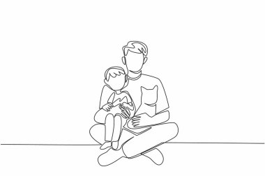 Sürekli bir çizgi çizen bir baba yerde oturup oğlunu ve kedisini kucaklıyor. Birlikte şakalaşma hissi. Şirin. Ulusal Hayvan Aileleri Günü. Tek çizgi çizimi tasarım vektör çizimi