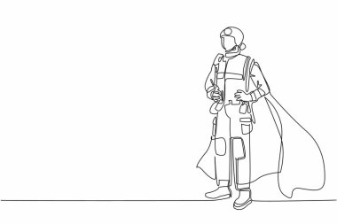 Tek sıra halinde, erkek itfaiyeci üniformalı ve kanatları belini tutuyor. Yangın binaları yok ettiğinde savaşan kahraman. Ulusal Süper Kahramanlar Günü. Tek çizgi çizimi tasarım vektör çizimi