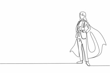 Tek sıra halinde kadın doktor bornoz ve kanat takarak ayakta duruyor. Her zaman çalışıyor gibi görünen profesyonel işçiler. Yorulmadan. Ulusal Süper Kahramanlar Günü. Bir çizgi tasarımı vektör illüstrasyonu