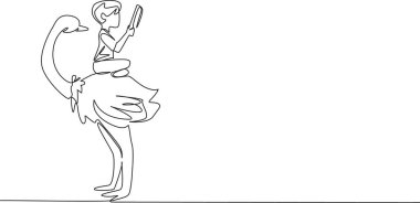 Sevimli devekuşu hakkında kitap okuyan tek satır çizen çocuk. Bacak bacak üstüne at ve ciddi şekilde çalış. Gözlemci olmayı öğren. Çocuk Animal Back 'te kitap okuyor. Devamlı çizgi tasarımı grafik çizimi