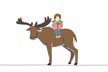 Tatlı geyikler hakkında kitap okuyan genç bir kızı çizmeye devam et. Okuyorum. Oynarken öğreniyorum. Etkili. İnek. Animal Back 'te Kız Okuma Kitabı. Tek çizgi çizimi tasarım vektör çizimi