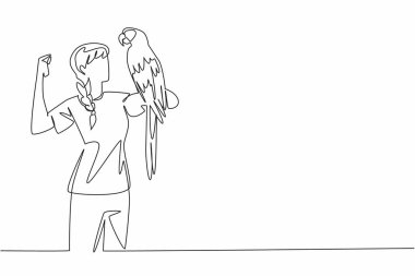 Tek sıra halinde kırmızı papağan çizen papağan kadının üzerine tünemiş. En güzel ve popüler papağan. İyi bir arkadaş olabilir. Kadın Tutucu Kuş. Bir çizgi tasarımı vektör illüstrasyonu