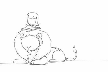 Sevimli aslanla ilgili kitap okuyan tek satır çizen kız. Animal Back 'te Kız Okuma Kitabı. Kitap okumak her yerde olabilir. Bilginin iyi arayıcısı. İnek. Devamlı çizgi tasarımı grafik çizimi