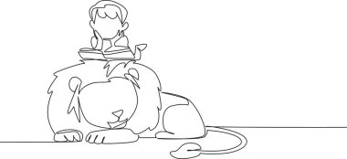 Aralıksız çizen çocuk şirin aslanlar hakkında kitap okuyor. Tehlikede bile olsa bilgi aramanın önemini sembolize ediyor. Çocuk Animal Back 'te kitap okuyor. Tek çizgi çizimi tasarım vektör çizimi