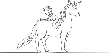 Sevimli tek boynuzlu at üzerine kitap okuyan tek satır çizen çocuk. Öğrenmenin kolayına bak. Her yere odaklanabilir. Her zaman ciddi oku. Çocuk Animal Back 'te kitap okuyor. Devamlı çizgi tasarımı grafik çizimi