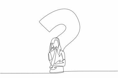 Büyük soru işareti olan düşünceli bir kadın çizmeye devam et. Sesli düşünüyorum. Sorunlarla karşı karşıyayız. Ulusal Mantık Günü. Tek çizgi çizimi tasarım vektör çizimi
