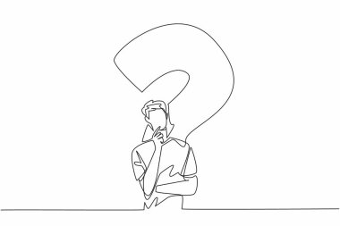 Düşünce jesti ve büyük soru işareti olan tek çizgi çizen adam. Çözüm bulmak için çok düşünüyorum. Bir fikrim var. Ulusal Mantık Günü. Devamlı çizgi tasarımı grafik çizimi