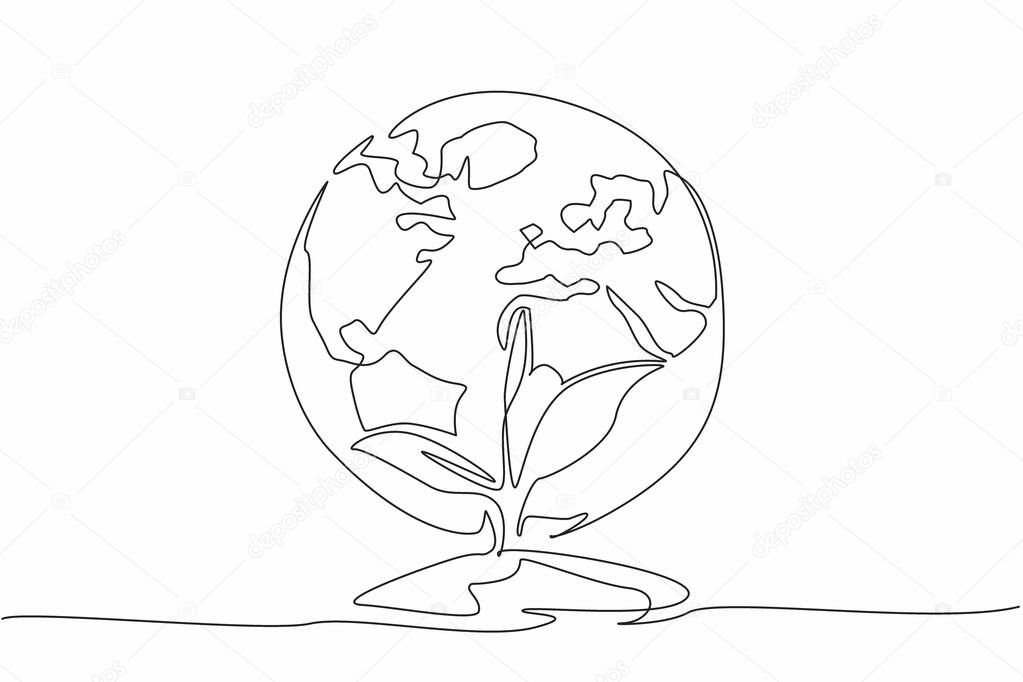 Single one line drawing small tree with a mound of earth with a globe behind it. Greening the earth by planting lots of green plants. Ecology. Greenery Day. Continuous line design graphic illustration
