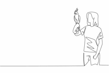 Devamlı beyaz papağan kuşu çizen bir çizgi kadının eline tünemişti. Evcil hayvan olarak bakılabilen kuş Avustralya 'dan gelir. Kadın Tutucu Kuş. Tek çizgi çizimi tasarım vektör çizimi