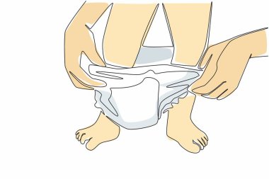 Annesinin bebeğine bebek bezi bağladığı tek bir çizgi. Temizlik için sık sık bez değiştir. Beze İhtiyacı Olan Çocuklar Günü. Devamlı çizgi tasarımı grafik çizimi