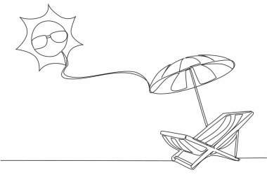 Plaj sandalyeleri ve plaj şemsiyeleri çizen tek sıra güneş gözlüğü takan güneş. Yaz tatili. Rahat ol. Uluslararası Güneş Günü. Devamlı çizgi tasarımı grafik çizimi