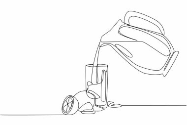 Sürekli bir çizgi portakal suyu sürahisini portakal dilimleriyle birlikte bardağa döküyordu. Yazın tazeliğe hizmet eder. Ulusal Portakal Suyu Günü. Tek çizgi çizimi tasarım vektör çizimi