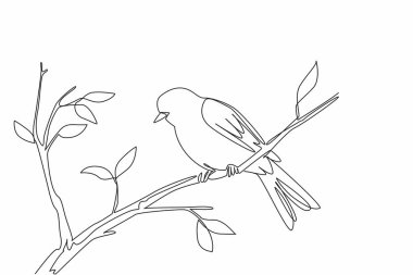 Tek sıra halinde ağaç dallarına tünemiş söğüt bülbüllerini çekiyor. Göze çarpmayan cıvıltı. Bahçedeki tatlı cıvıltılar. Ötücü kuş. Uluslararası Şafak Korosu Günü. Bir çizgi tasarımı vektör illüstrasyonu