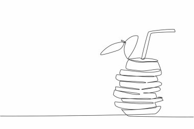 Tek sıra halinde, kamışla yapılmış portakal dilimlerinden oluşan bir yığın çiziyor. Çok yaratıcı bir sunum. Portakalların tadını çıkarıyorum. Ulusal Portakal Suyu Günü. Bir çizgi tasarımı vektör illüstrasyonu