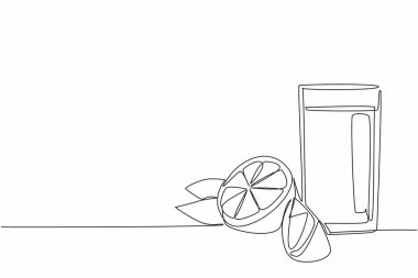 Bir çizgi bir bardak portakal suyu çekiyor ve camın yanında da bir portakal kesiği var. Portakalın tadını çıkarıyorum. Ulusal Portakal Suyu Günü. Devamlı çizgi tasarımı grafik çizimi